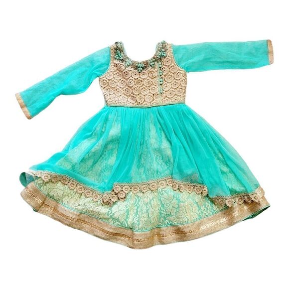 Unbranded Other - Beautiful Turquoise Blue And Gold Girls Dress Hand Embroidered Front Net Sleeves